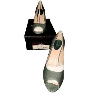 Cole Haan Peep Toe Heels Pumps Faux Snake Skin Stilleto 3" Height Green Size 9B